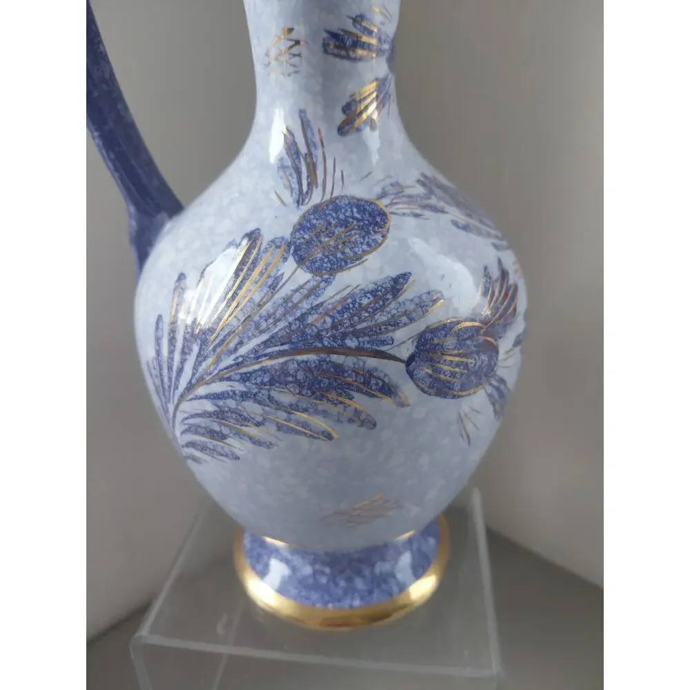 VTG Holland Pitcher Blue Gold Hand Painted Genie Bottle Handle Signed Capri MCM